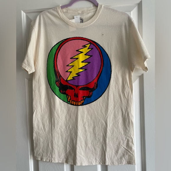 NWT GRATEFUL DEAD Graphic Tee Rainbow Skull Logo Off White Size XS M OVERSIZED - Picture 2 of 5